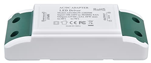 KIMISS Controlador LED 12V DC 30W 2.5A Transformador para Luces LED, Decoración del Hogar y Proyectos de Bricolaje, Adaptador de bajo Voltaje para Múltiples Aplicaciones