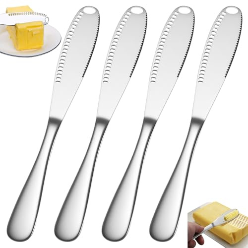 XSHAO® 4 Pcs Couteau à Beurre en Acier Inoxydable, 15 cm Couteau à Crème | avec Perforé Racloir à Beurre à Bord Dentelé, pour Couper et Tartiner Beurre, Fromage, Confitures (Argenté)
