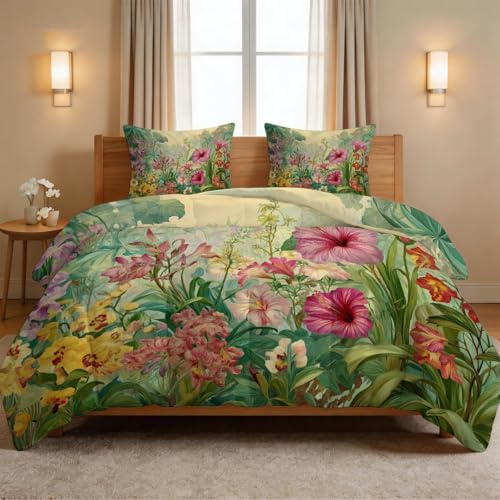Aquarell Landhausstil Bettdecke Ohne Bezug 135 x 200 cm, 4 Jahreszeiten Steppdecke mit Lilie Orchidee Blumen Pflanzen Design - Waschbar Hautfreundlich Ganzjahresdecke mit 2 Kissenbezügen 80x80 cm