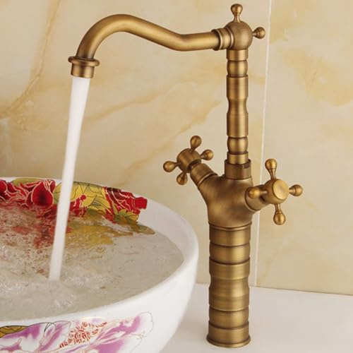 ISCBAFYX Rubinetteria da Bagno Miscelatore per lavabo da Bagno Vintage con Doppia Maniglia a Croce 1 Foro Girevole a 360 Gradi Antico Alto