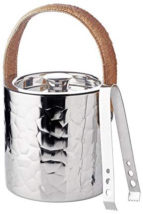 EDZARD Eiseimer Capri, Eiswürfelbehälter mit Deckel, Höhe 17 cm, Eiskühler hochglanzpoliertes Edelstahl mit dekorativer Hammerschlag-Optik (für Eiswürfel inkl. Edelstahl Eiszange und Sieb)