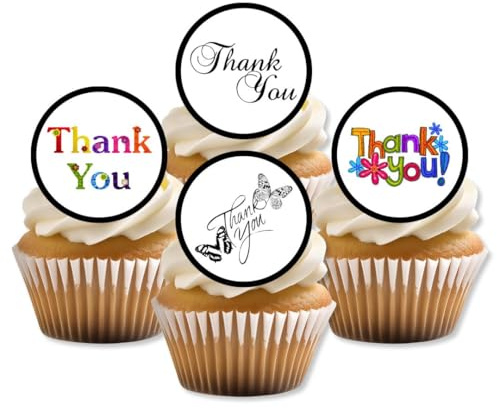 Thank You Edible Cupcake Toppers Theme 1, Thank-You Cake Decorations, With Thanks Birthday Gift, 24 x 4cm/1.5 Inch PRECUT