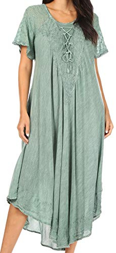 Sakkas Egan Long Embroidered Caftan Dress/Cover Up with Embroidered Cap Sleeves