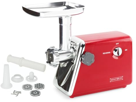 ROYALTY LINE, 600 W roter Fleischwolf RLMG5-RED, Edelstahlklingen, inklusive Zubehör, Stopfer, Wurstaufsatz, einfache Bedienung und praktische Reinigung, 18/10 Steel