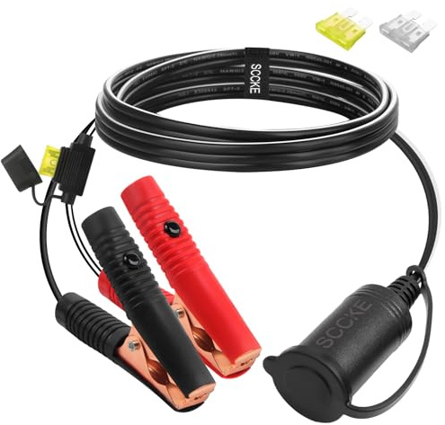 SCCKE 6FT/1.8m 14AWG 20A 12V 24V Female Car Cigarette Lighter Socket to Battery Alligator Crocodile Clips Connector, Car Battery Clamp-on Extension Charge Cable with 20A Fuse
