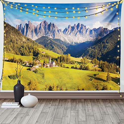 ABAKUHAUS Natur Wandteppich, Landschaft am Morgen aus Weiches Mikrofaser Stoff Waschbar ohne Verblassen Digitaldruck, 150 x 110 cm, Grün Grau