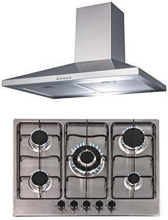 SIA 70cm Stainless Steel 5 Burner Gas Hob And Chimney Extractor Cooker Hood Fan