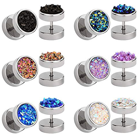 JFORYOU 6 Pairs Round Stud Earrings Stainless Steel Druzy Studs Earrings Set for Women Mens Faux Fake Cheater Ear Plugs Gauge Punk Style