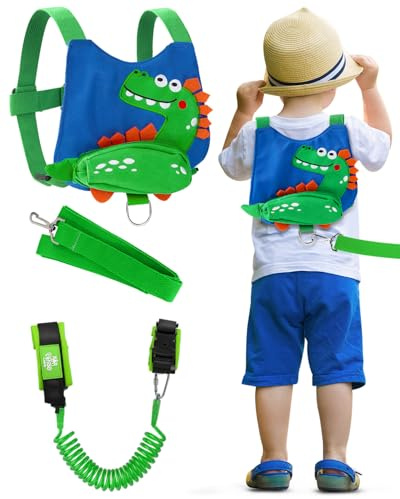 Lehoo Castle Guinzaglio per Bambini, Primi Passi per Bambini 4 in 1 Regolabile Anti-perso Braccialetto Sicurezza Bambino Polso 360° Girevoli, Imbracatura di Sicurezza per Bambini con Serratura (Dino)