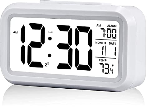Digital Alarm Clock, Children's Travel Alarm Clock with Temperature, Large LCD Display, Date Display, Snooze Function, Battery Operated Intelligent Table Clock (HA0005-White)