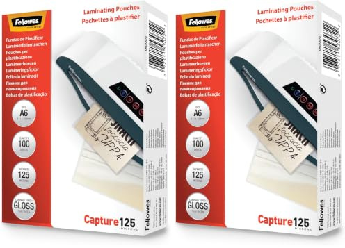 Fellowes Laminierfolien im Format A6, 125 Mikron (2 x 125 mic), glänzende Heißlaminierfolien, 100 Stück (Packung mit 2)