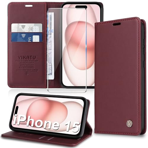 Migexxkj Handyhülle für iPhone 15 Hülle [mit Schutzfolie][Premium PU Leder] Klapphülle Kartenfach Magnetic Ständer Flip Case Cover Etui Tasche Schutzhülle für iPhone 15 6.1“ (red)