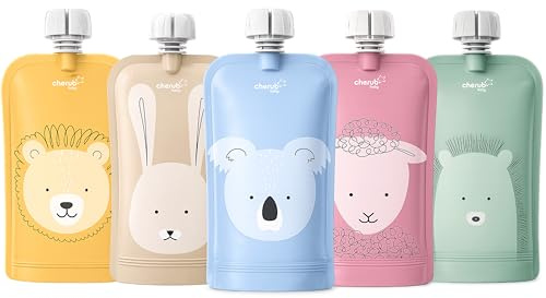 Cherub Baby Reusable Yogurt Pouches 5 Pack 150ml Leakproof Freezer Safe BPA-Free Squeeze Bags for Toddler