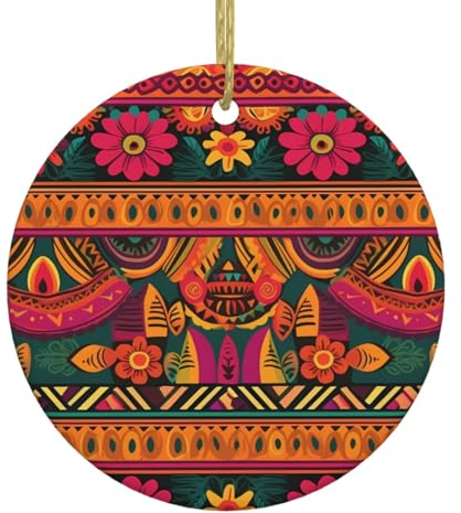 Mexikanische Volkskunst, Boho-Weihnachtsschmuck, rund, Keramik-Ornament, Weihnachtsbaum, hängende Ornamente, personalisierte Weihnachtsdekoration für Zuhause