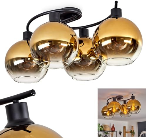 Deckenleuchte Koyoto, Deckenlampe aus Metall/Glas in Schwarz/Goldfarben/Klar, moderne Leuchte im Retro/Vintage-Design mit Schirmen aus Glas, Ø 20cm, 4 x E27, Schlafzimmer, Wohnzimmer, Küche, Esszimmer