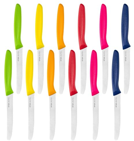 OPOLIA 12 Stück Multifunktions Frühstücksmesser,Tafelmesser Wellenschliff,Bunte Brötchenmesser,Tomatenmesser,Rutschfesten Kunststoffgriffen,Esszimmer&Küche Vorhanden