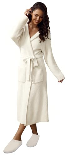 MH MYLUNE HOME Ultra Soft Robe With Pockets, Spa Bathrobe Loungewear Calf-Length, Plush Fuzzy Fluffy Wrap Robe for Women, Women's Robes, Hooded Ribbed Cream
