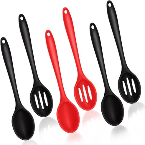 NVGVUP 6 Pcs Silicone Spoons for Cooking, Non-Stick Serving Utensils in Black and Red With Hanging Holes, Kitchen Tools for Baking and Stirring