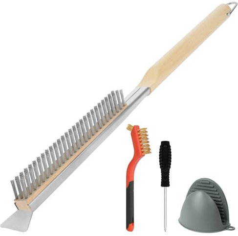OFFCUP Brosse Four à Pizza, 56cm Brosse Nettoyage Four à Pizza avec Manche Long en Bois Grattoir et Pince Anti-brûlure, Brosse en Cuivre Pierre Pizza Outil Nettoyage pour Barbecue Cuisine