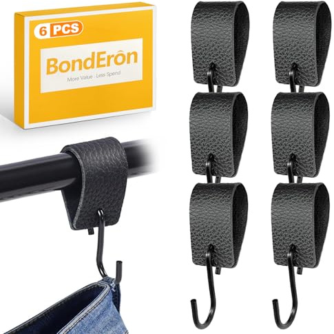 BondEron 6 Stück S Haken Schwarz mit Lederschlaufe, Haken für Kleiderstange und Garderobe, Robuste Metall Kleiderhaken für Stange, Mehrzweck Haken Schwarz für Küche, Bad, Camping