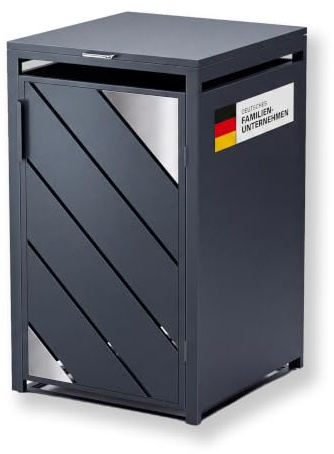 Metzler Mülltonnenbox 1er 240L Anthrazit mit Edelstahl Akzenten und Sichtstreifen, Mülltonnenverkleidung für 1 Tonne aus pulverbeschichtetem Stahl, wetterfeste Müllbox mit Automatikdeckel