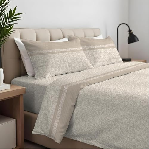 CLARA HOME Lenzuola Completo Letto Matrimoniale Colore Borby Beige, Lenzuola Elasticizzate per Tutte le Stagioni, Completo di Federe per Guanciali