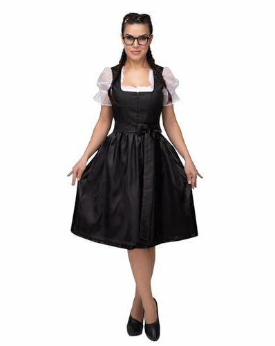 Dirndl Kleid Damen Schwarz 2-teiliges Set mit Schürze | Klassisches Trachtenkleid für Oktoberfest, Feste und Hochzeiten | Midi Länge (DE/NL/SE/PL, Numerisch, 34, Regular, Regular, Schwarz)