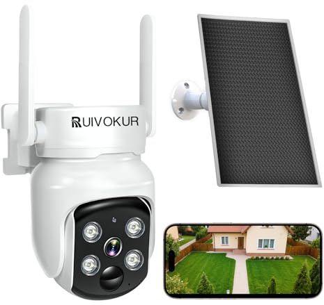 RUIVOKUR Solar Security Camera Outdoor Wireless with 360° PTZ, 2K/4MP WIFI Security Camera, Continuous Power, PIR Motion Detection, Color Night Vision, APP Alert, IP65