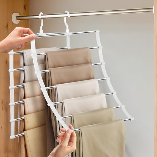 Grucce Pantaloni Salvaspazio, Appendini per Pantaloni 2 Pezzi, Pieghevole Appendi Pantaloni da Armadio, Acciaio Inossidabile e PVC, Porta Pantaloni Gonne Jeans Sciarpe Cravatte, Organizer per Armadio
