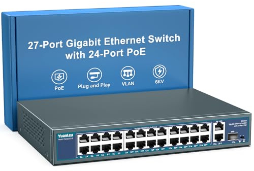 24 Port Gigabit PoE Switch Unmanaged, YuanLey 27-Port Gigabit PoE mit 2 Uplink & 1 SFP, Rackmount, 400W integriertes Netzteil, Unterstützt 802.3af/at, Plug & Play, One-Key VLAN, Metallgehäuse