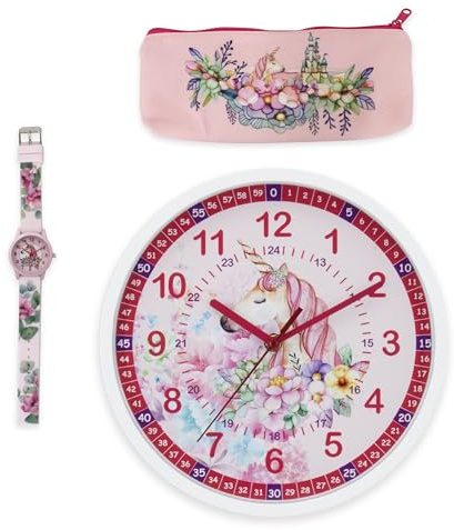 K&L Wall Art Einhorn Wanduhr für Mädchen Rosa Kinderwanduhr 3-Teiliges Geschenke Set mit Armbanduhr und Mäppchen