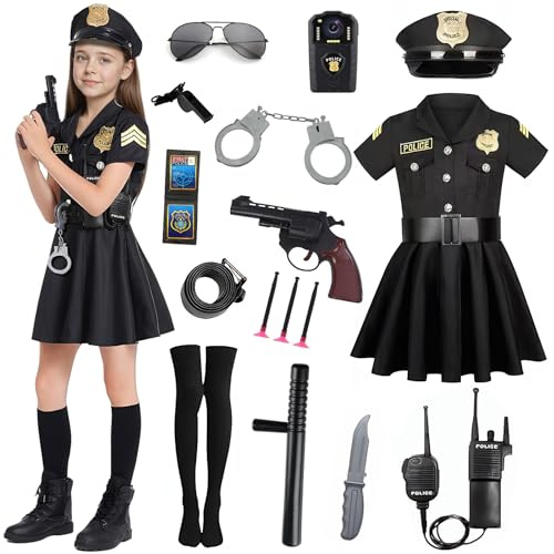 Costume Poliziotto Bambina, Vestito Poliziotto Bambino Kit Poliziotto Bambino,con Polizia Abito,Cappello,Cintura,Collant,Walkie-Talkie,Baton,Manette per Halloween Carnevale Carnival Cosplay Bambina