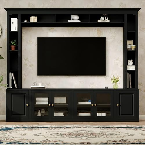 Merax Modern 4 Piece Entertainment Wall Unit with Bookshelf for Televisions Up to 80'', Wood Inch Large Entertainment Center w/Storage, TV Cabinets for Living Room, Black
