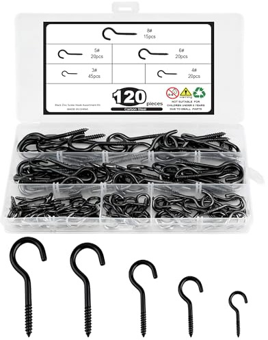 Acual 120 PCS Hooks for Hanging Ceiling Screw in Hooks, Heavy Duty Screw Hooks for Hanging Plants, Cups, Utensils, Bird Houses, Wind Chimes, String Lights and for Indoor & Outdoor Use, Silver, Black