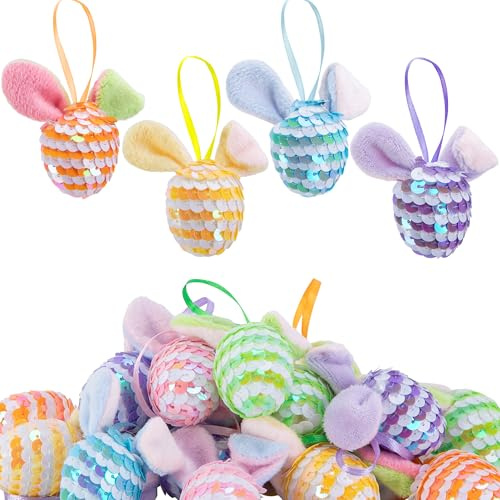 18 Pcs Bunny Ears Sequin Easter Eggs Ornaments, 2.4 x 2.5 Glitter Easter Hanging Eggs Rabbit Ears Decorations, Plush Bunny Ears Stripes Egg Tree Ornaments for Spring Basket Stuffer Party Decor