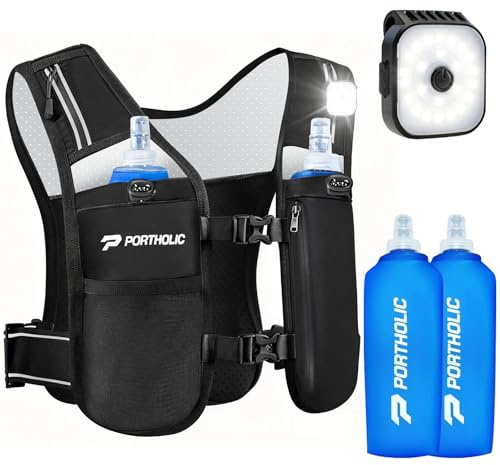 PORTHOLIC Gilet da corsa da uomo e donna, con 2 bottiglie da 500 ml, luce a LED, riflettente a 360°, impermeabile, leggero e regolabile, per jogging, trail running, trekking, maratona