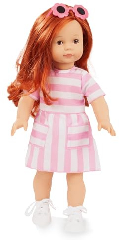 Gotz: Precious Day: Julia Summer - 18 Standing Poseable Doll, Pink-White Striped Dress, Woven Purse & Sunglasses, Red Hair, Collectible Toy, Kids 3+