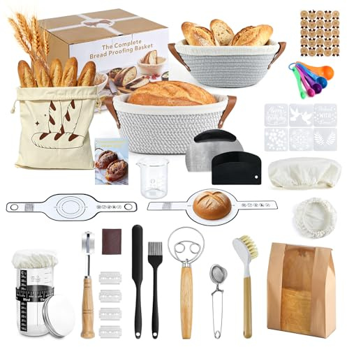 Feelhap 51 Piezas Kit Completo de Panadero,23 cm Redondo+25 cm Ovalada Cesta de Fermentación para Pan,Banetones para Pan,Accesorios para Hornear,Kit Masa Madre Adecuado Para Principiantes y Panaderos