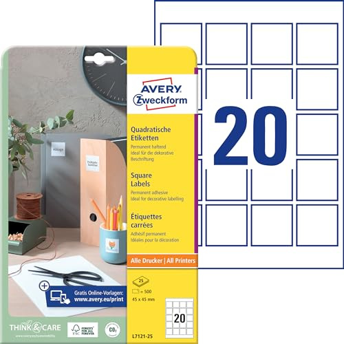 AVERY Zweckform L7121-25 Quadratische Etiketten (500 Klebeetiketten, 45x45mm auf A4, QR Code Aufkleber zum Bedrucken, selbstklebend, permanent haftende QR Code Etiketten) 25 Blatt, weiß
