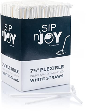 Crystalware Bulk Pack of 380 Flexible Plastic Drinking Straws - White, Individually Wrapped, Food-Safe BPA Free, 7.75 Inches Long (1 Box)