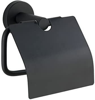 WENKO WC-Papierhalter mit Deckel Mod. Bosio Black, aus rostfreiem Edelstahl, 15x13,5x7 cm, inkl. Schraubmaterial, Schwarz matt