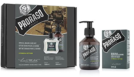 Proraso Cypress & Vetyver (pack dúo), kit de cuidado barba de lujo con jabón de afeitar en tubo y bálsamo para después del afeitado, con aroma de ciprés y bergamota, Made in Italy
