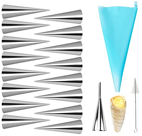 Joyeee 16er-Pack Edelstahl Sahnehornformen Mini, mit wiederverwendbaren Spritzbeuteln, Sahne- und Glasurspritztüllen, lange Spitze und Reinigungsdüsenbürste, Backzubehör Dekorativ, 8,6 cm