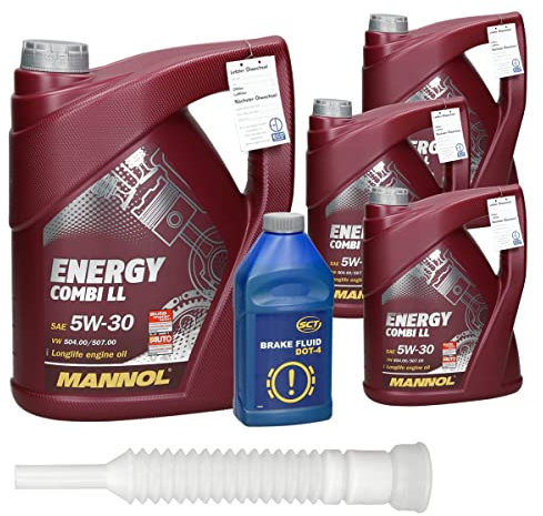 MANNOL Motoröl Energy Combi LL SAE 5W-30 API SN 4x 5L (20 Liter) Longlife Motorenöl + MANNOL Bremsflüssigkeit DOT-4 Brake Fluid 0,5L inkl. Ausgießer und Ölwechselanhänger