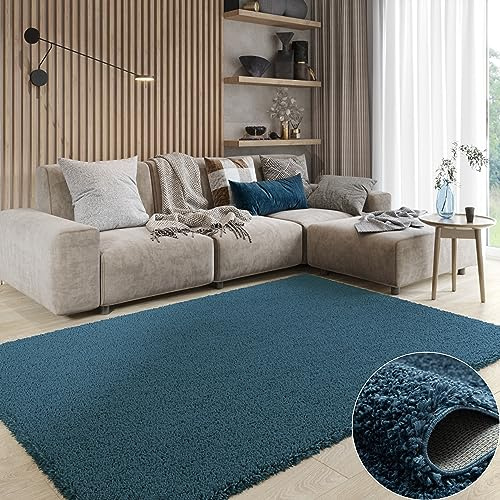 MY-RUG Shaggy Star Hochflor Teppich - 90x60 cm Flokati, Weich, Dunkelblau | Extra langer 37 mm Flor in Felloptik, rutschfeste Unterseite, Oeko-Tex 100 zertifiziert, waschbar und super soft