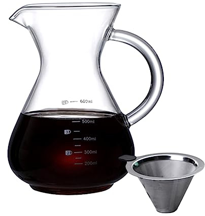 Pasdrucn Pour Over Kaffeebereiter, Glas Kaffeekanne Mit Filter Aus Edelstahl, Hand Kaffee, Ein Besonders Mildes Kaffeearoma, Ideal Für Wohnungen, Cafés (600ML)