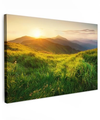 MuchoWow© Bilder Groß XXL Wohnzimmer Deko Modern Wandbild Foto auf Leinwand | 120x80 cm - Bild Schlafzimmer Room Decor Geschenke Gras - Hügel - Sonne - Natur - Landschaftsbilder