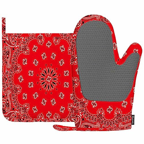 Mxocom Western-Paisley-Ofenhandschuhe und Topflappen-Set, Bandana, nahtloses Muster mit roten und weißen Ornamenten, Grillhandschuhe für Küche, Kochen, Backen, Grillen