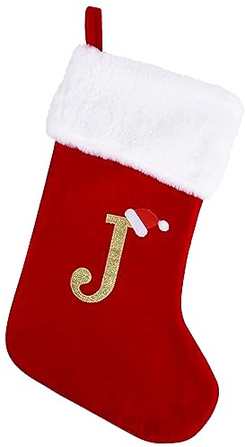 20 Inches Monogram Christmas Stockings with Letters, Large Super Soft Christmas Stockings Red Velvet with White Super Soft Plush Cuff for Christmas Xmas Tree Holiday Fireplace (J)