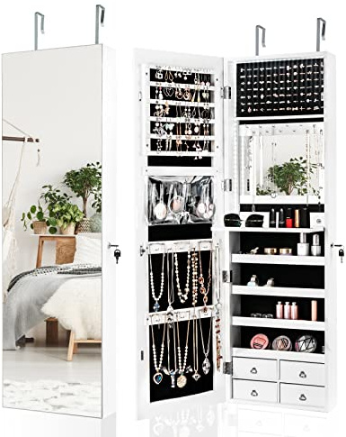 COSTWAY LED Lights Jewelry Cabinet, Door Hanging/Wall Mounted Jewelry Armoire with Full Length Mirror, Lockable Makeup Cosmetics Jewellery Storage Organiser Unit Gift for Bedroom Dressing Room (White)